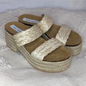 Steve Madden Known Platform Wedge Sandals Natural Raffia Tan Women's Size 7